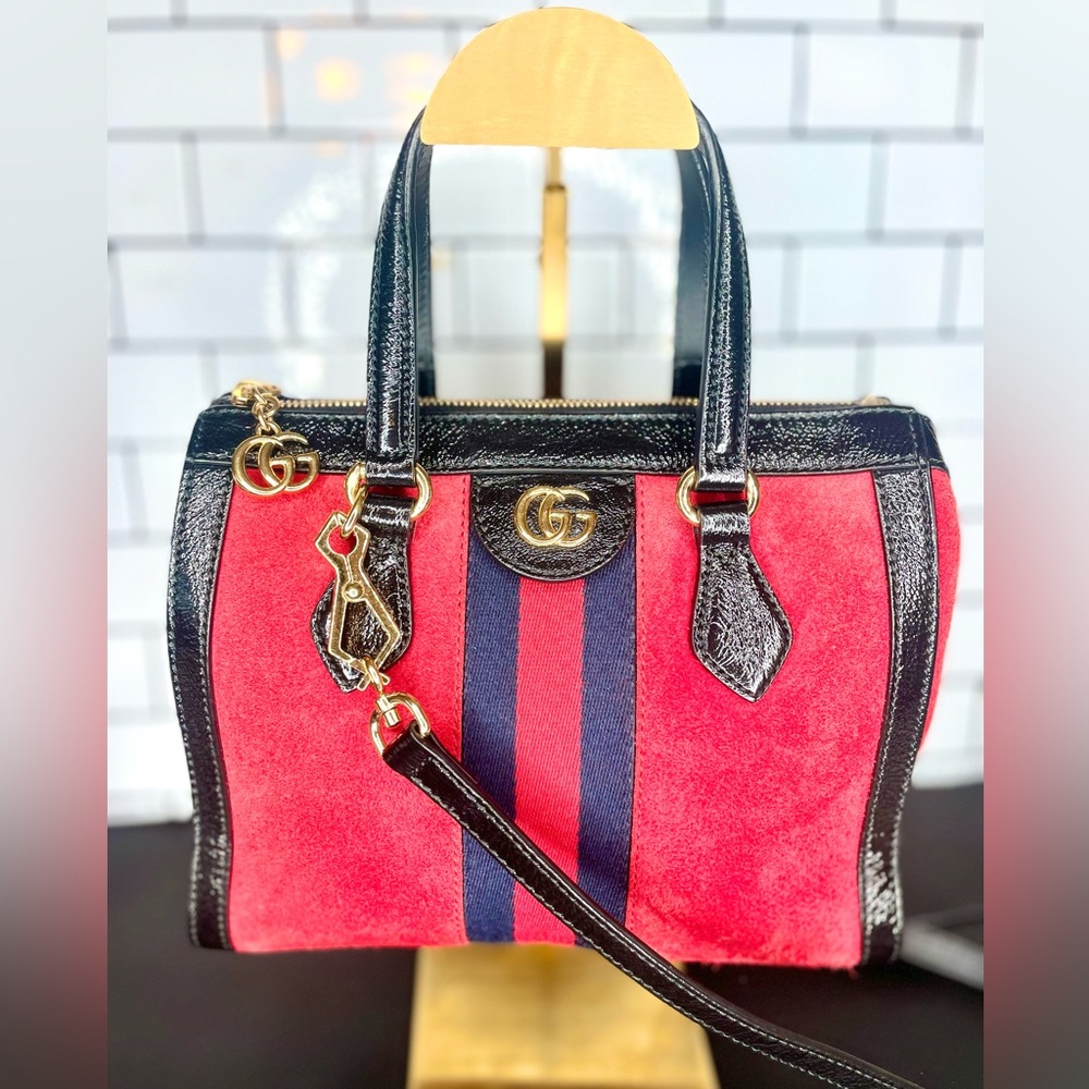 Gucci red suede small Ophidia top handle two way w/ Entrupy COA